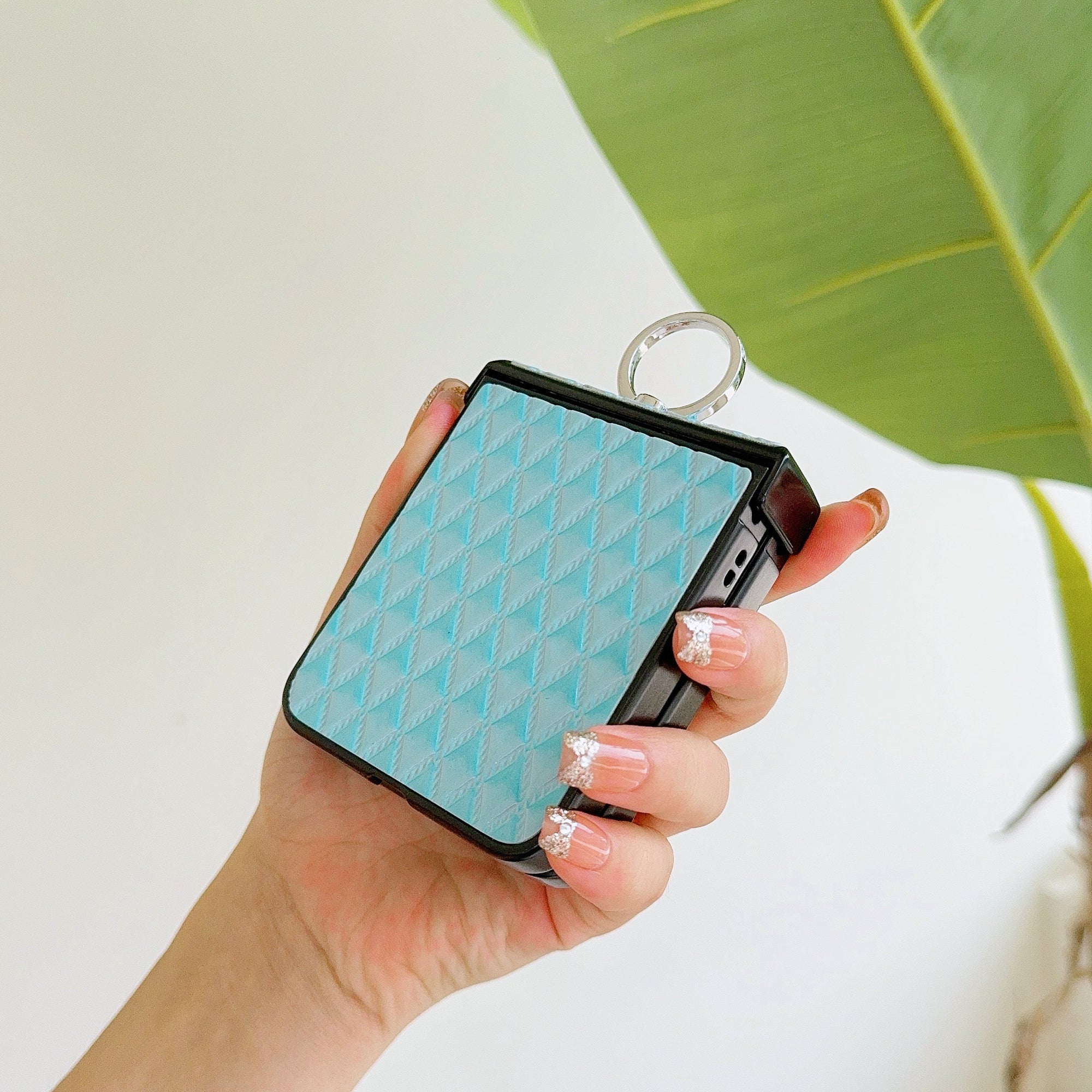 For Samsung Galaxy Z Flip6 5G Rhombus Imprinted PU Leather Coated PC Phone Cover with Ring Kickstand - Baby Blue For Samsung Galaxy Z Flip6 5G Rhombus Imprinted PU Leather Coated PC Phone Cover with Ring Kickstand - Baby Blue
